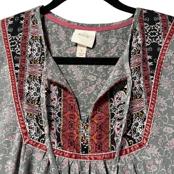 Knox Rose Boho Tunic Top Tassels Velvet Hem Bell Sleeves Gypsy Peasant Gray S - Picture 4 of 16